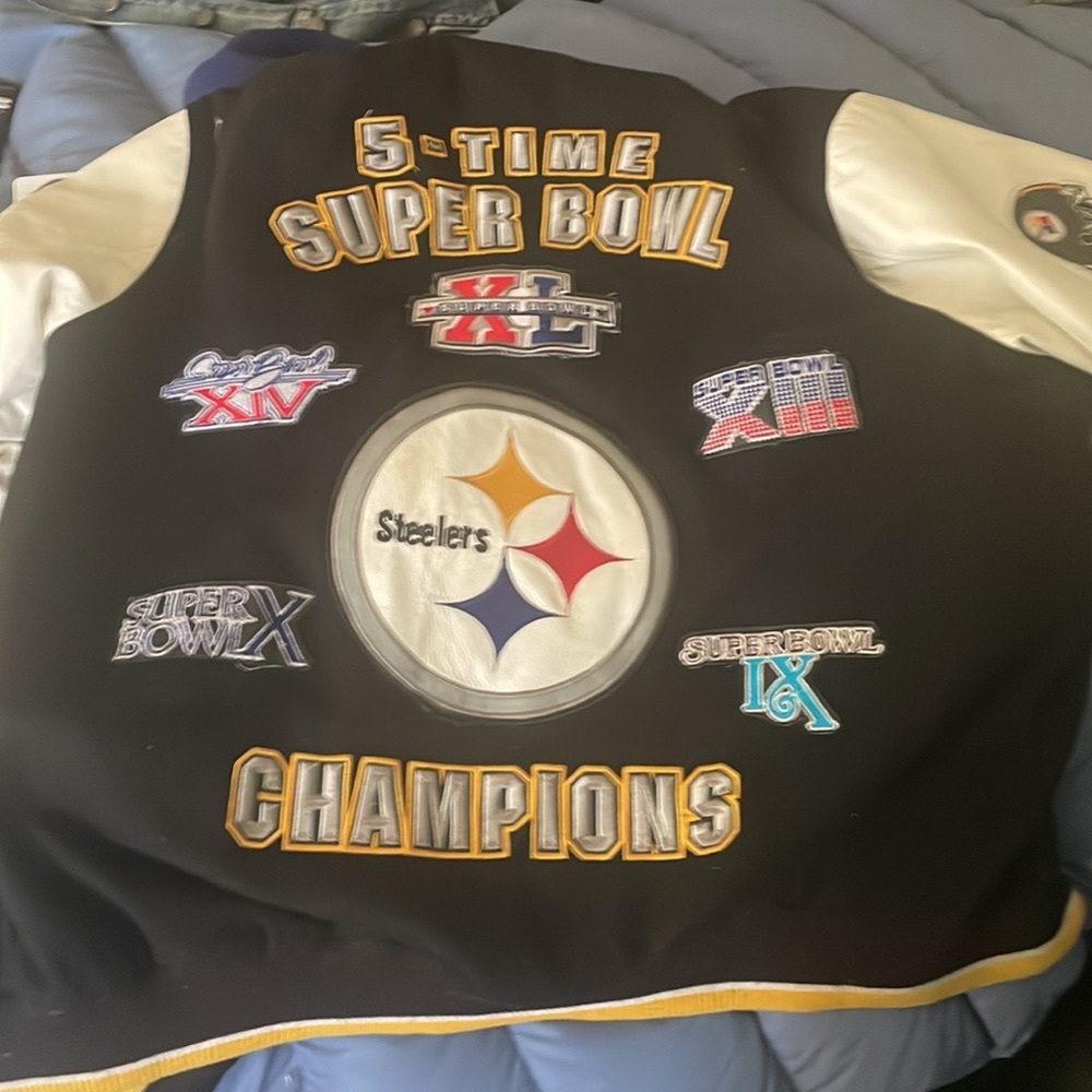 Large vintage varsity leather jacket RARE steelers 5 times Super Bowl champion